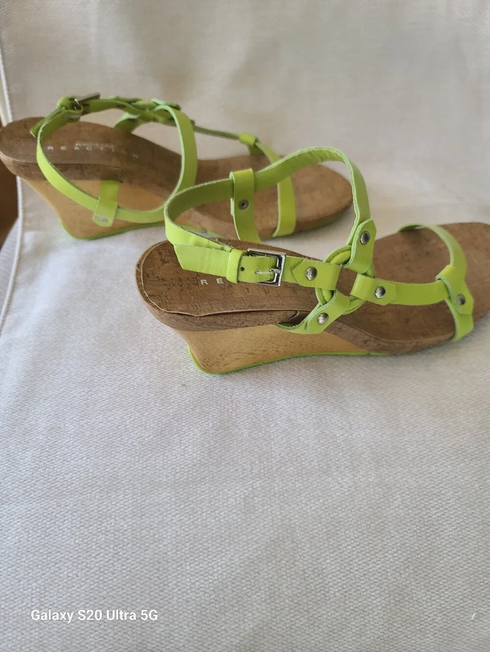 Kenneth COLE Reaction Women’s Lime Green Leather Cork Wedge Sandals